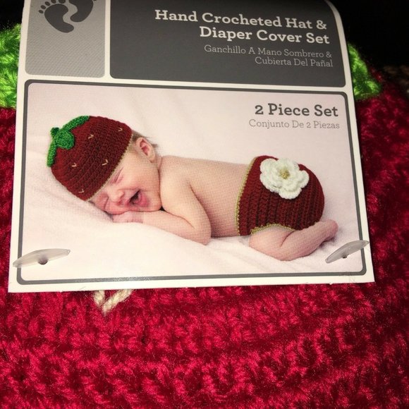 Hand Crocheted Hat And Diaper Cover Strawberry Sz 0-9 Months Infant Baby Photo - Picture 12 of 12